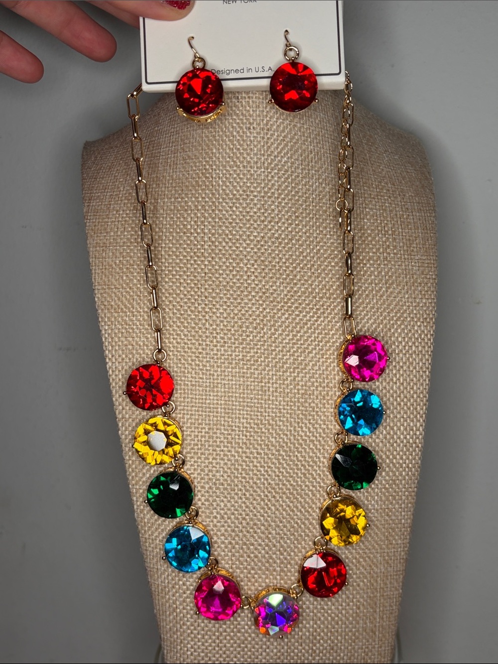 Gold-Tone Multi-Color Crystal Necklace and Earring Set - Vibrant Gemstones